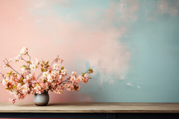 Vase with blooming sakura branches on table against color wall.