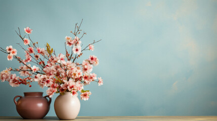 Vase with beautiful blooming sakura branches on table against blue background.