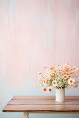 Bouquet of flowers in vase on table against color wall.