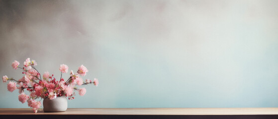 Cherry blossom in vase on wooden table and blue background.