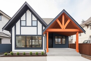 contrast of timberframed tudor and minimalist modern annex