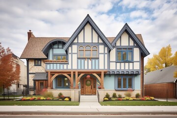 frontal shot showing tudor and modern architecture blend - obrazy, fototapety, plakaty