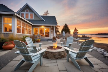 lakeshore cottage at sunset with a lit fire pit and chairs - obrazy, fototapety, plakaty