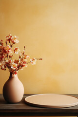 Vase with cherry blossom flowers on wooden shelf against yellow background.