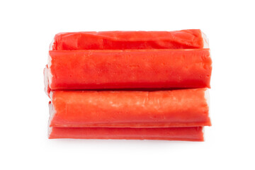 Crab sticks isolated on white background. Close-up of crab sticks.