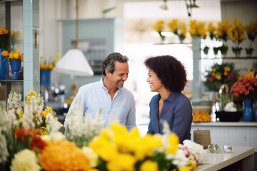 person in florist shop consulting with a client about flowers
