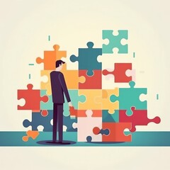 A man in a suit stands on a pile of puzzle pieces, combining elements of visual arts and leisure. His gesture symbolizes the art of conversation and sharing in the world