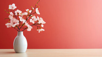 White vase with cherry blossom on wooden table and red background.