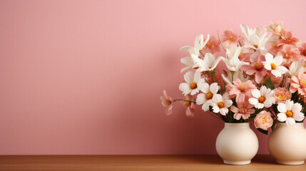 Bouquet of flowers in vase on wooden table and pink wall background.