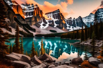 Moraine Lake at sunrise, transformed into a fantastical realm with mystical creatures and ethereal lights dancing on the water's surface, the mountains adorned with magical elements