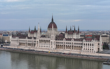 Fototapeta na wymiar Budapest Famous Landmark Aerial View of Hungarian Parliament Building and Danube River in Cityscape from a Drone Point of View