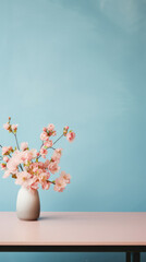 Bouquet of cherry blossoms in vase on table against blue background.