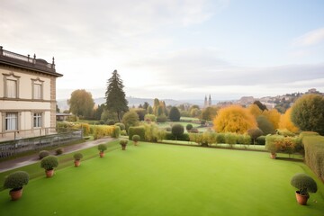 landscape view of an italianate villas belvedere overlooking a manicured garden - obrazy, fototapety, plakaty