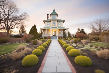 italianate home with belvedere and stone garden path - obrazy, fototapety, plakaty