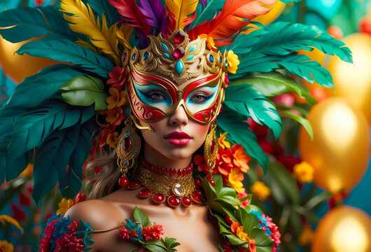 Immerse in Brazilian Carnival Celebration: Woman in Red and Gold Mask, adorned with Colorful Feathers, amidst a Vibrant Background of Feathers and Flowers