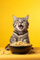 Excited Tabby Cat with Bowl of Treats on Yellow Background