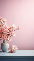 Pink flowers in vase on blue wooden table and pink wall background.