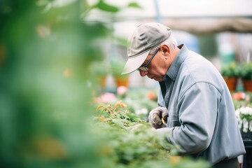 expert examining plants for pests in an outdoor nursery