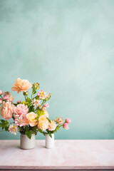 Artificial flowers in vase on pastel blue background with copy space.