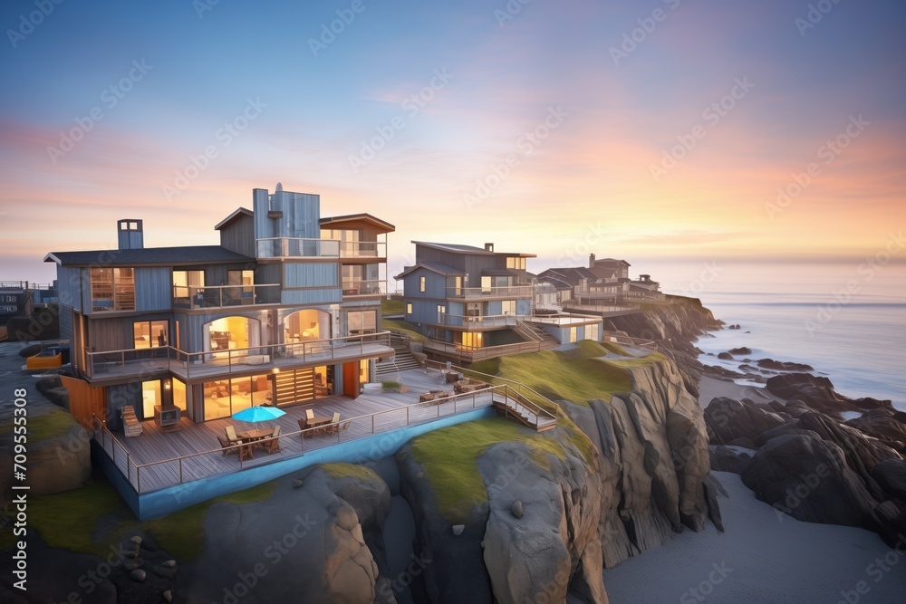 Poster cliffside houses facing ocean sunset