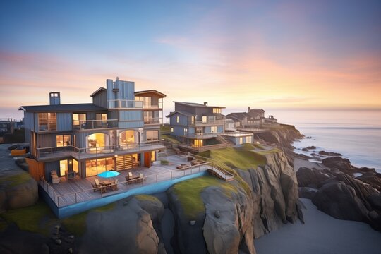 cliffside houses facing ocean sunset