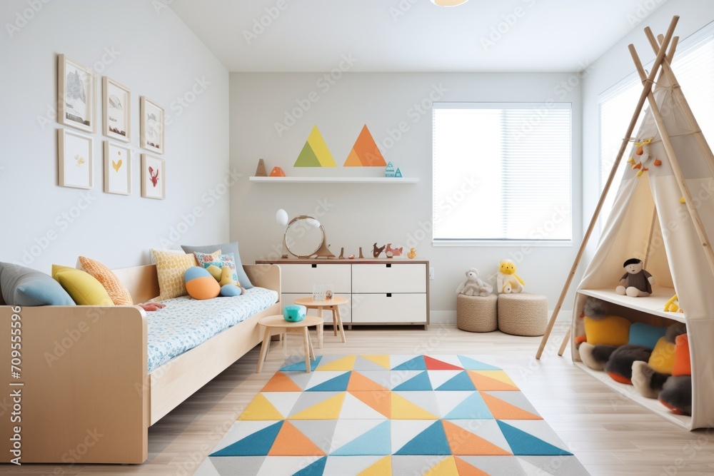 Wall mural contemporary childs room with a geometric rug