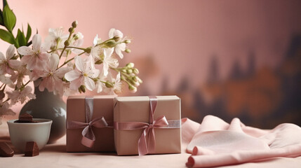 Gift boxes with pink ribbon on the background of a beautiful spring landscape.