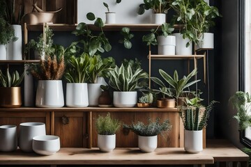 Fototapeta na wymiar Beautiful plants in various pots are shown in a stylish Scandinavian environment together with a design cabinet, a mock up photo frame, and attractive 
