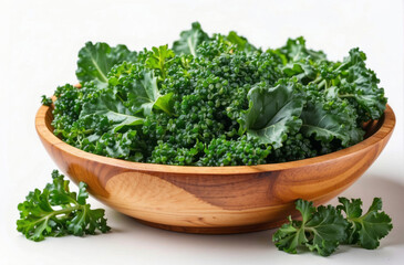 fresh kale in wooden bowl, fresh herbs in a bowl, isolated white background