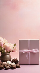 Gift box and bouquet of flowers on pastel pink background.