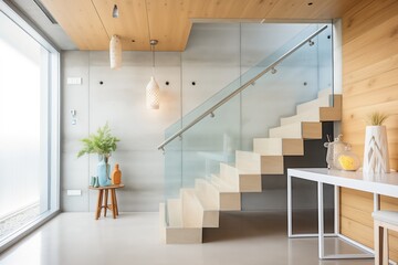 concrete staircase with glass balustrade in home
