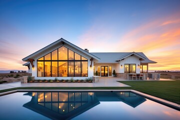 modern ranch with windows reflecting sunset skies - obrazy, fototapety, plakaty
