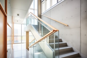 concrete stairway with glass balustrade in a public building