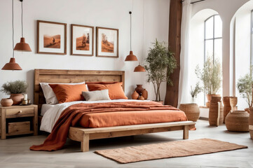 Rustic wooden bed with terracotta pillows and two bedside cabinets against white wall with three posters frames. Farmhouse interior design of modern bedroom.