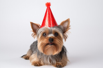 yorkshire terrier with red hat