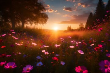 A poetic and romantic view of a cosmos field at sunset, nestled within a garden kissed by the warm hues of the evening, the air filled with the delicate fragrance of flowers