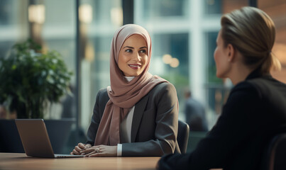Muslim business using woman laptop in the meeting room