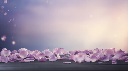 Pink rose petals on a wooden table and bokeh background.