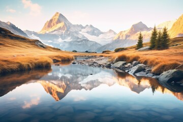 alpine lake reflecting surrounding mountains at dawn - obrazy, fototapety, plakaty