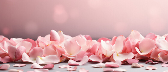 Pink rose petals on a gray background. Place for text.