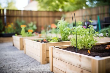 wood planks being used to create raised garden beds - obrazy, fototapety, plakaty