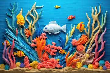 ocean floor with plasticine fish and coral - obrazy, fototapety, plakaty