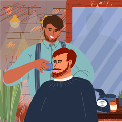 Hairdressers and male clients in a barbershop. Hairdressers and male clients in a men's beauty salon. Performing haircut, hairstyles, hair care, beard care. Flat graphics vector illustration isolated.