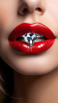 The girl's lips are painted with red lipstick. The girl holds a diamond in her mouth.