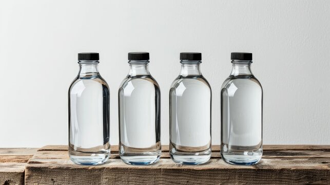photo four clear transparent glass bottles with black caps filled with pure drinking water presented on wooden brick, isolated on white   