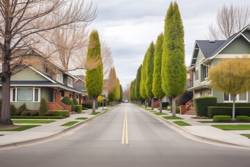 neatly trimmed trees lining a residential street