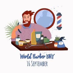 World barber day vector illustration. Hairdressing equipment. Vector flat illustration. Important day on september 16. 