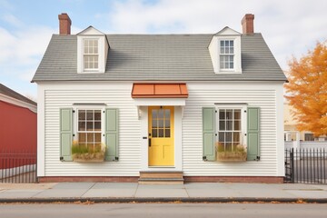 saltbox with louvered shutters and brass handles