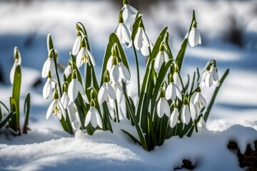 Delicate snowdrops, their tiny white blossoms peeking through a blanket of pristine snow, a scene of purity and resilience in the midst of winter, Photography
