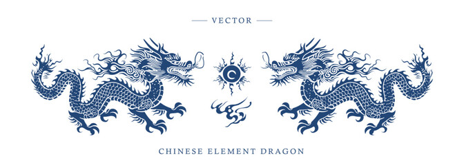Blue and white porcelain Chinese dragon pattern - obrazy, fototapety, plakaty